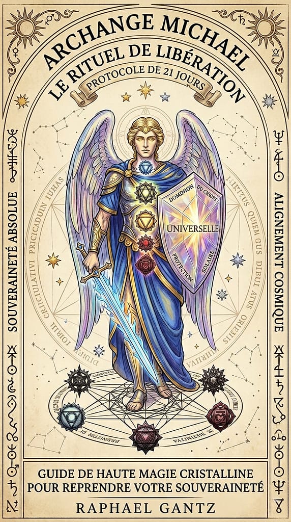 Représentation de l'Archange Michael utilisant son épée de lumière bleu électrique pour trancher les liens karmiques négatifs et les implants lors d'un rituel de libération de 21 jours.