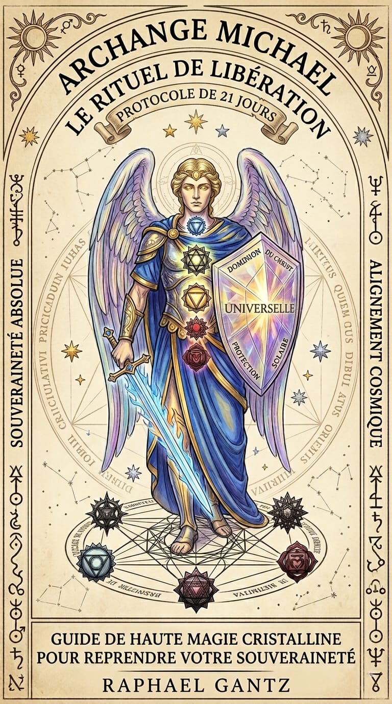 Représentation de l'Archange Michael utilisant son épée de lumière bleu électrique pour trancher les liens karmiques négatifs et les implants lors d'un rituel de libération de 21 jours.